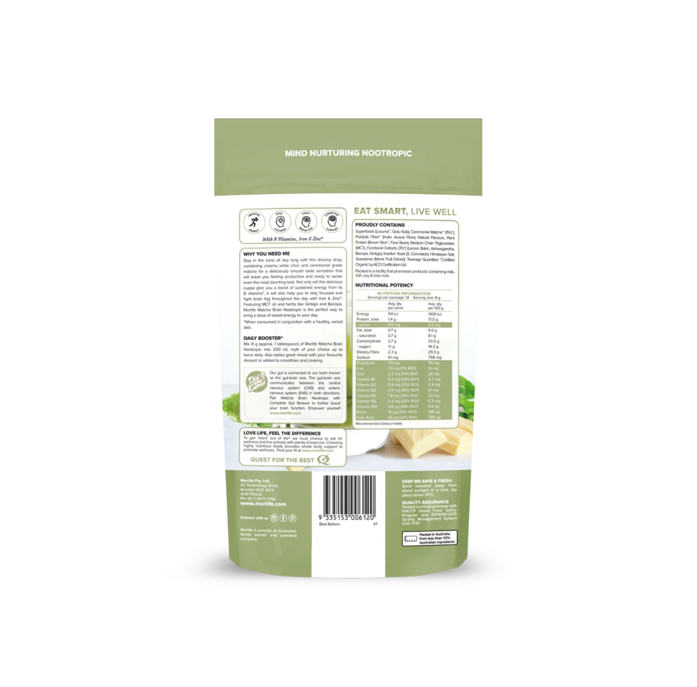 Morlife Matcha Brain Nootropic Creamy White Chocolate 100g